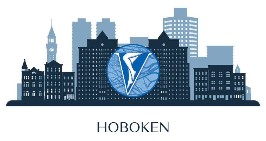 Illustration of Hoboken skyline with VINJ logo
